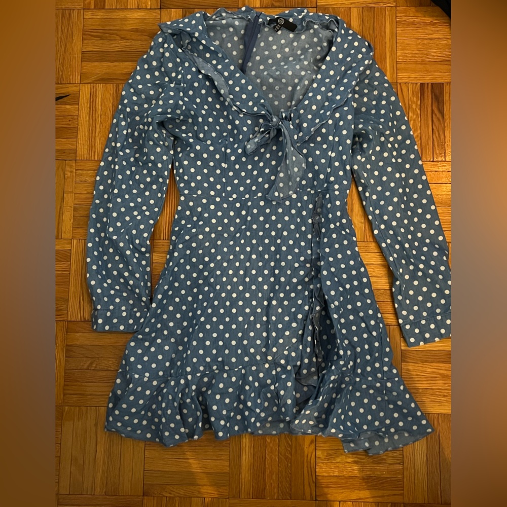 Boohoo chambray polka dot dress